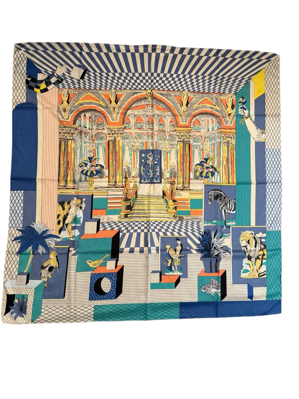 Luxury 140CM Silk Geometric Print Scarf - Blue, Orange - New